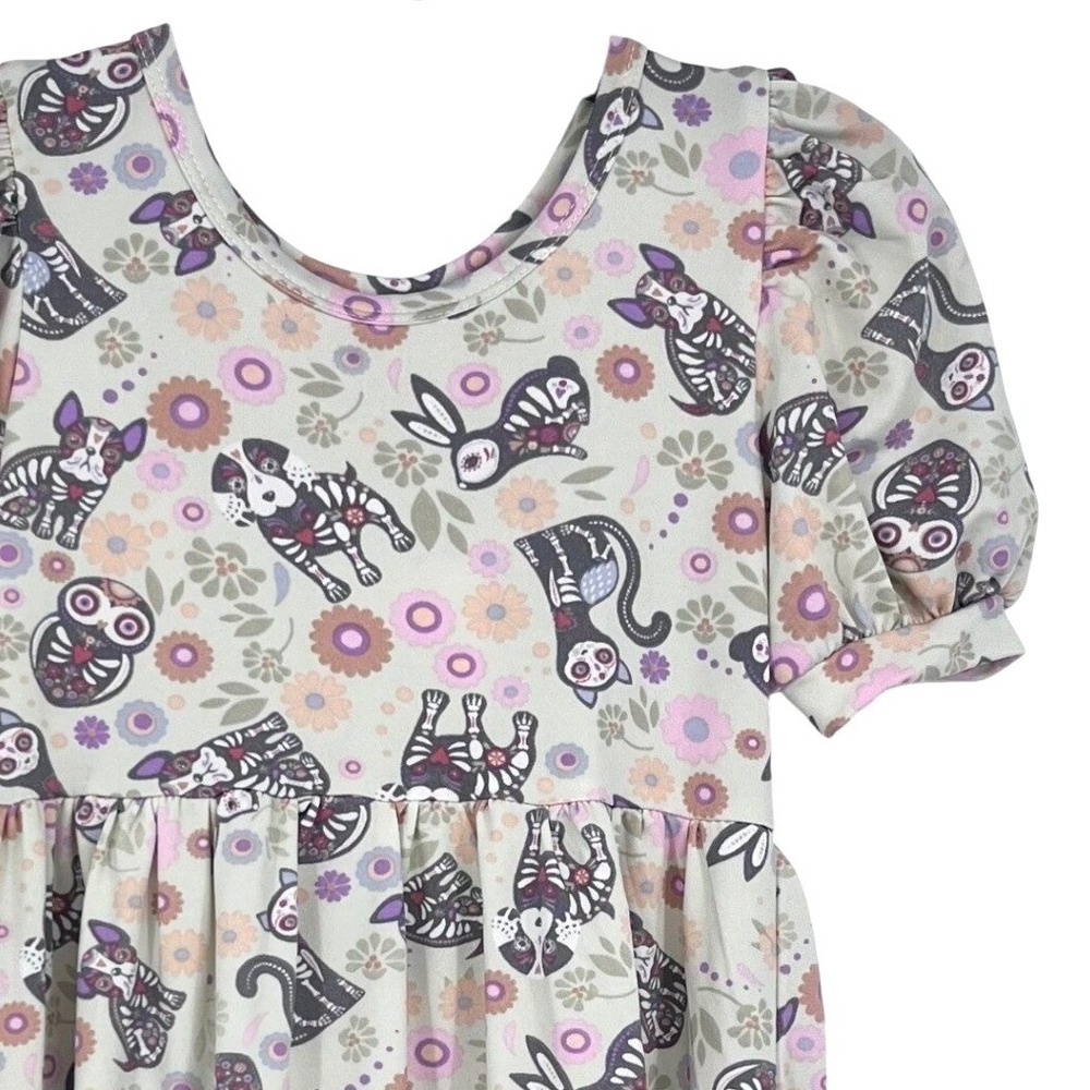 Dot Dot Smile Dress Girl 2T Cream Day of the Dead Sugar Skull Tiered Puff Sleeve